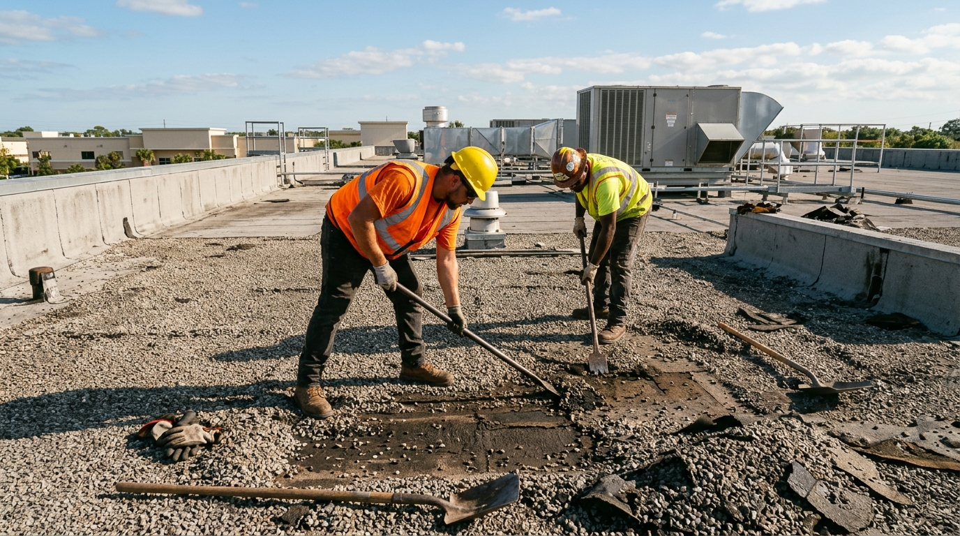 Commercial roofers spudding gravel ballast and repairing multi-ply built-up roof in Tampa