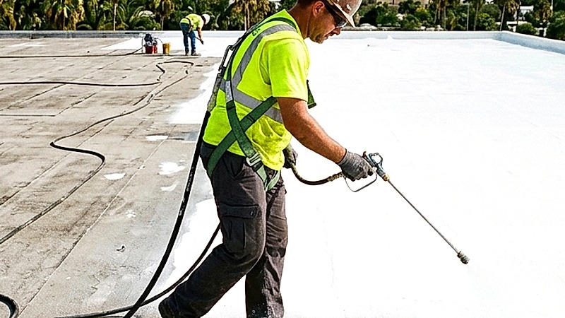 Detail of fluid applied silicone roof coating being applied to commercial deck
