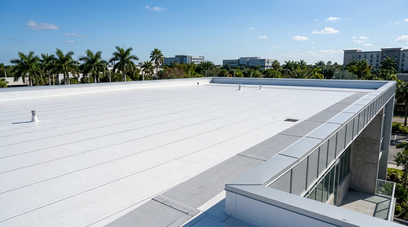Chemical-resistant PVC roofing membrane installed around commercial kitchen exhaust units