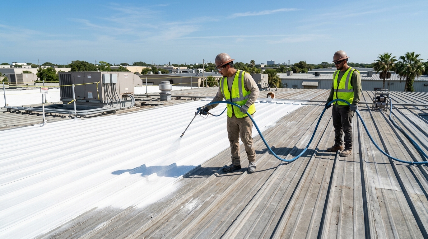 Commercial roofing crew applying high-solids white fluid-applied silicone roof restoration coating