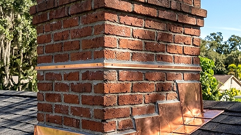 Detail of custom copper chimney step and counter flashing on historic brick chimney