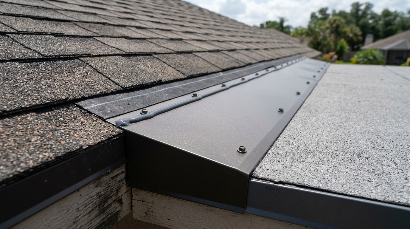 Watertight metal transition flashing installed between flat lanai roof and sloped shingle roof