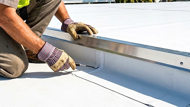 Watertight perimeter J-rail wrap and hot-air welded TPO seam on Florida manufactured home