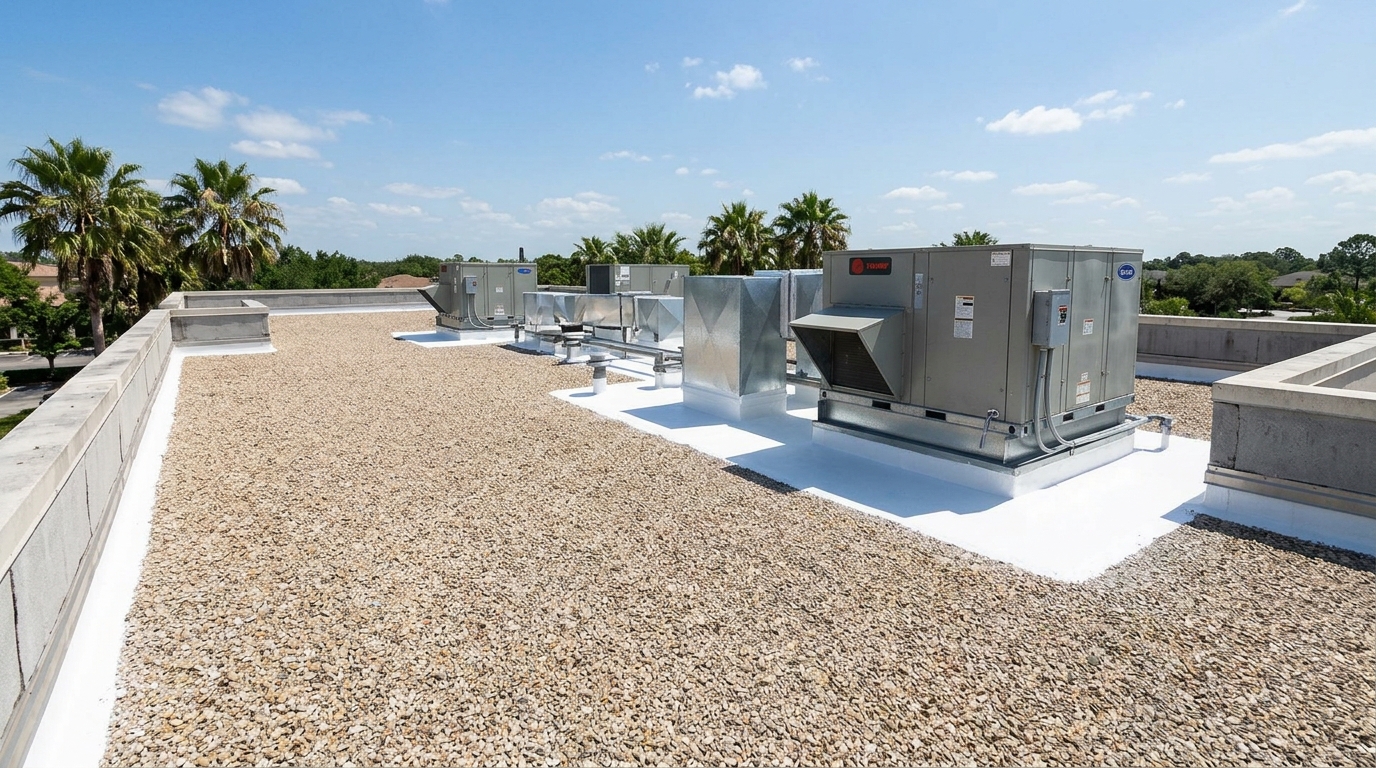 Commercial built-up gravel roof restoration and white coating in Tampa Palms