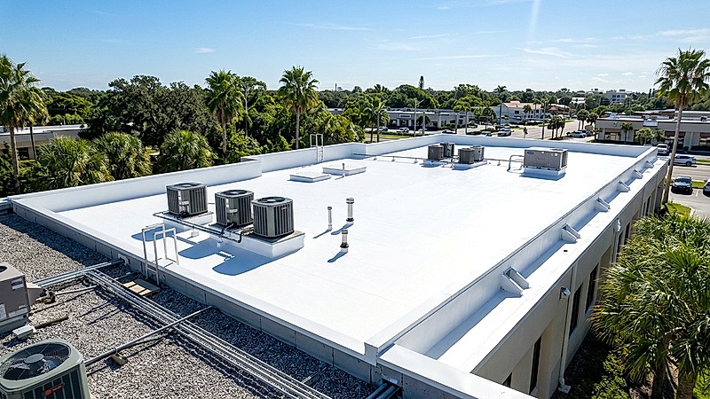 Medical clinic flat roof restoration with high reflectance white silicone in South Tampa