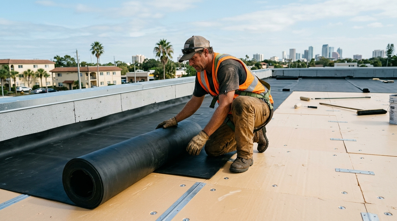 Residential flat Florida room EPDM tar damage cut-out and shingle tie-in in South Tampa