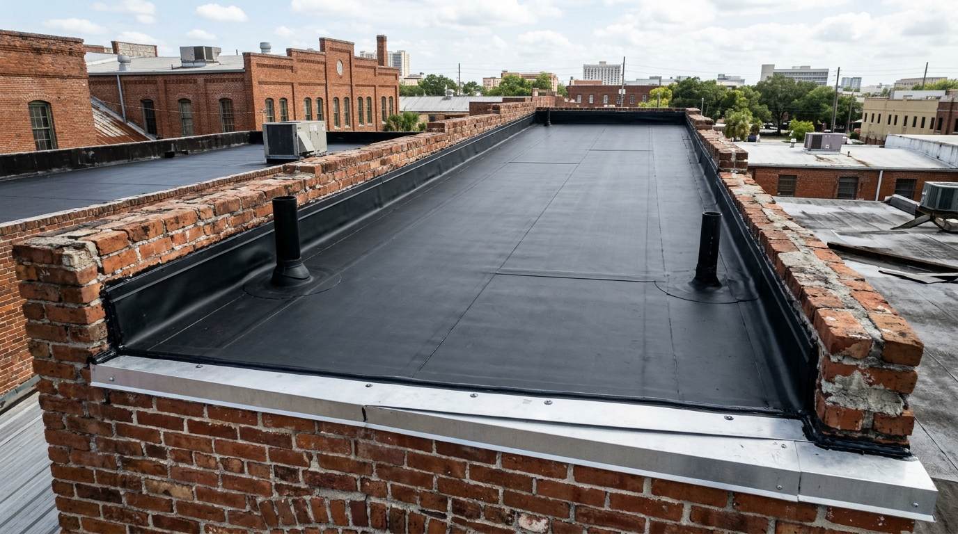 Commercial distribution warehouse EPDM seam armor and silicone restoration in Ybor City Tampa
