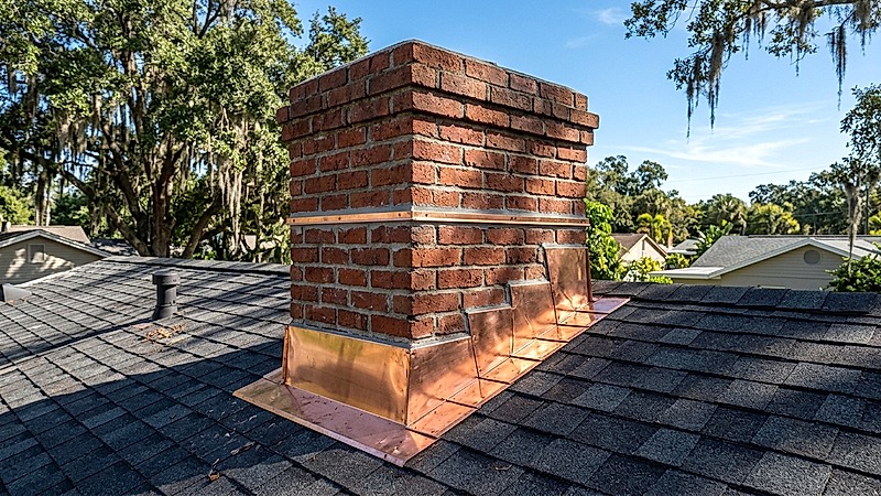 Custom copper chimney step and counter flashing on historic Palma Ceia home in South Tampa