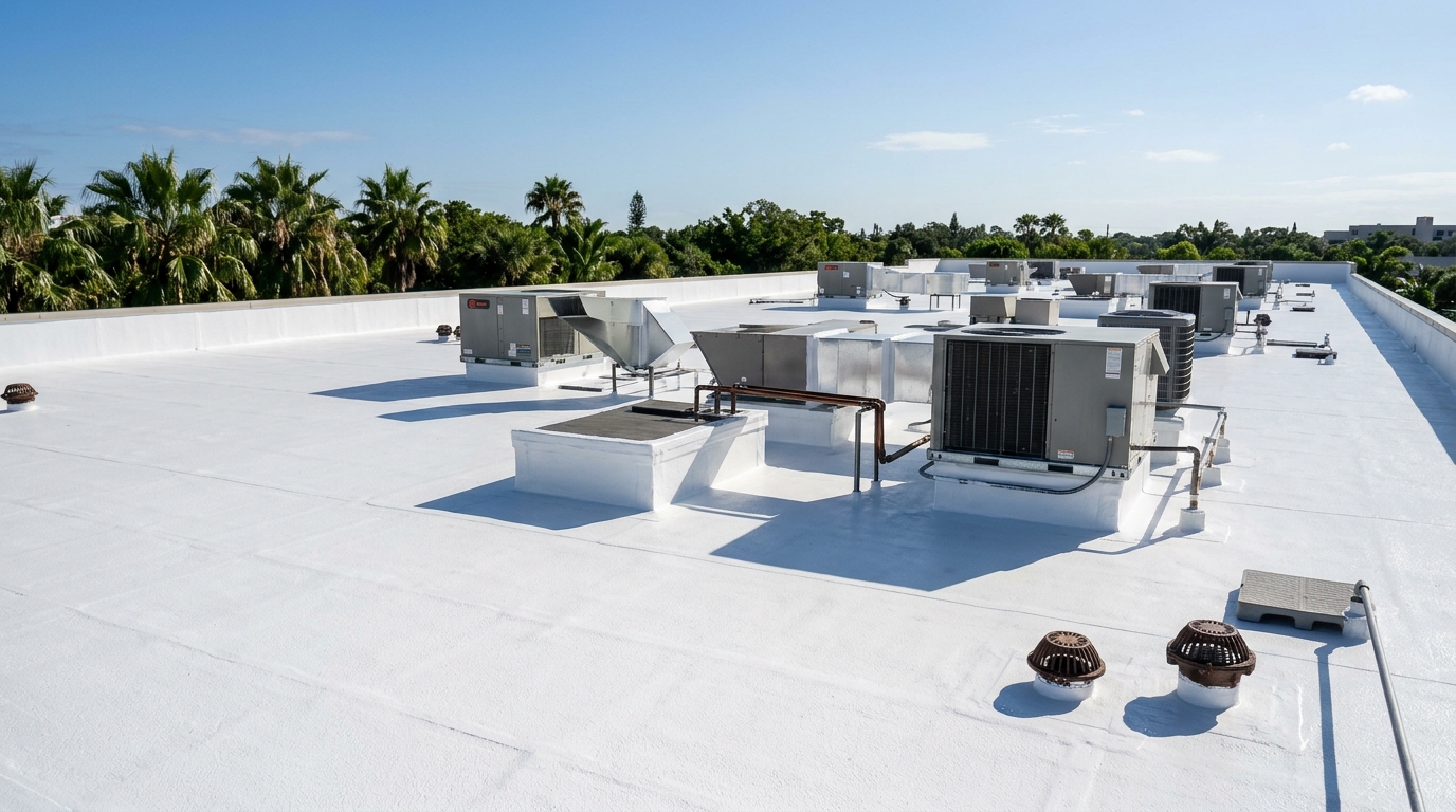 Commercial high-solids silicone roof restoration in South Tampa FL