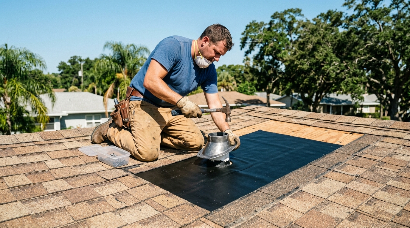 Commercial lead pipe boot collar installation on residential roof in Brandon FL