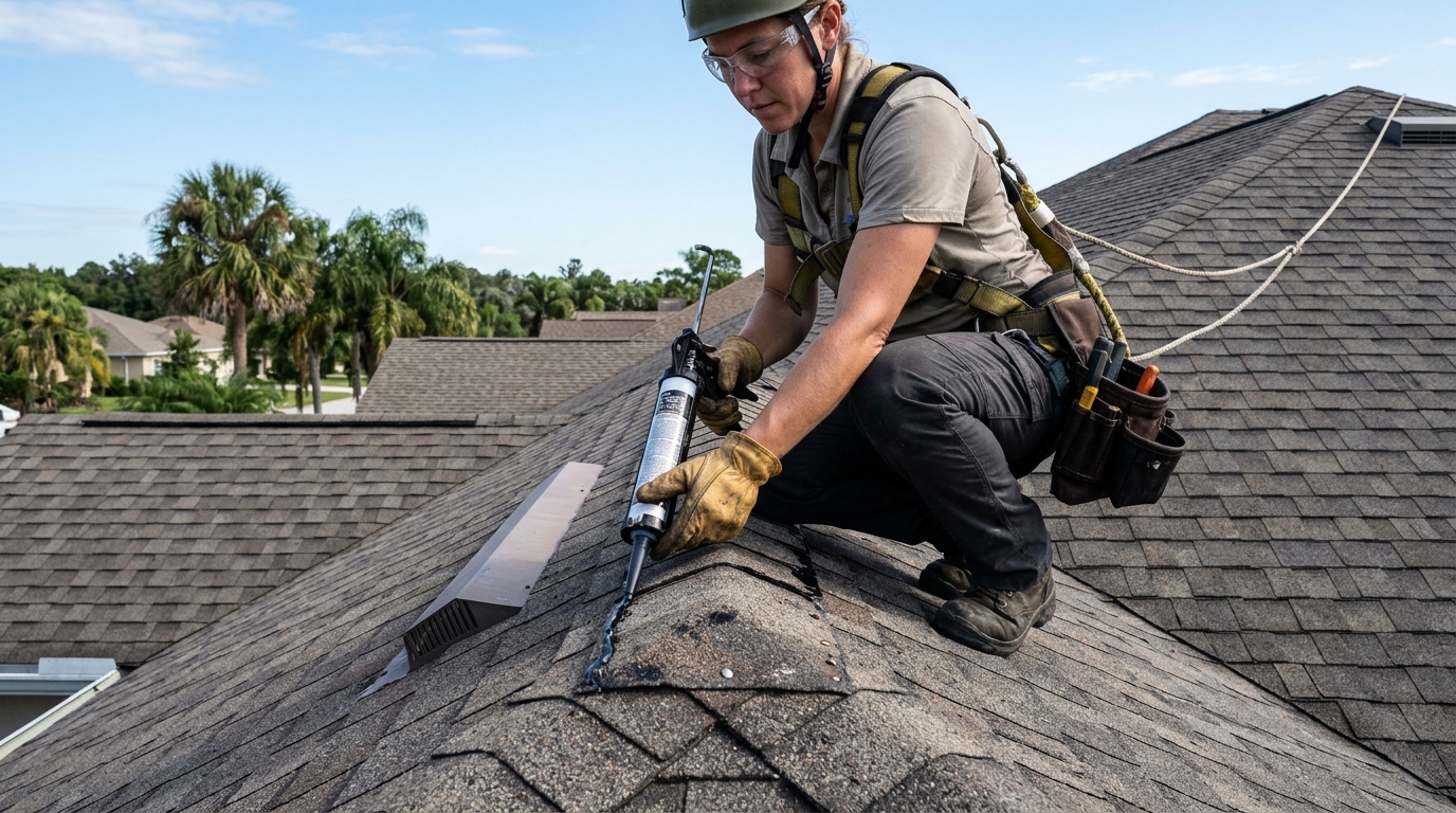 Roof Works technician hand-resealing lifted shingles and securing hip caps on Brandon home
