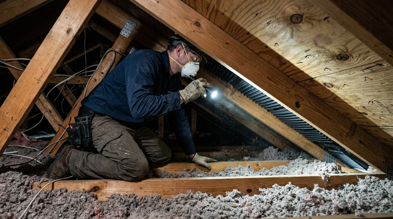 Inspecting attic soffit baffles and ventilation sheathing in Riverview FL