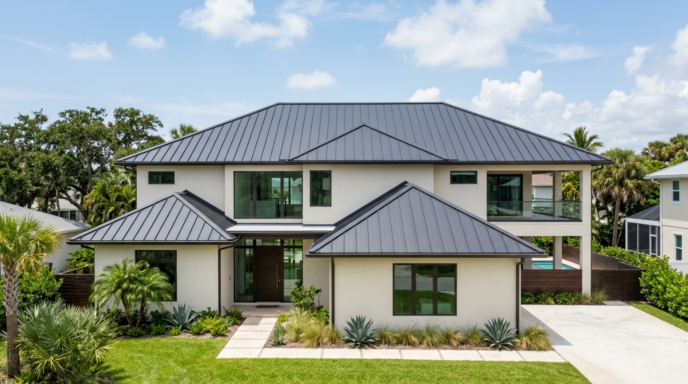 Dark bronze Galvalume standing seam metal roof installed on a Brandon home