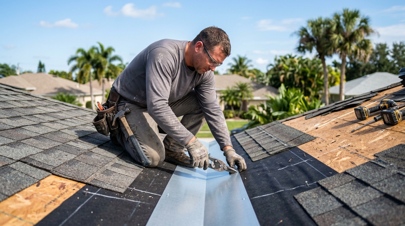 Roof technician rebuilding metal roof valley flashing on residential home in Brandon FL