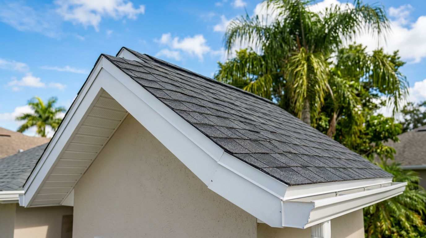 Clean completed roof repair on rake and eave of Florida home in Riverview showing new dimensional shingles