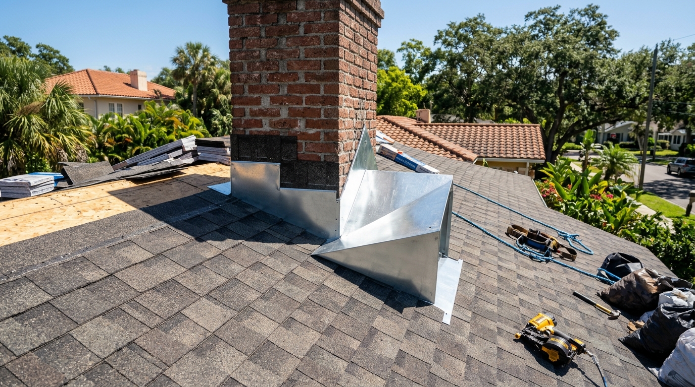 Historic South Tampa home reroofing project showing brick chimney cricket and Galvalume counter-flashing