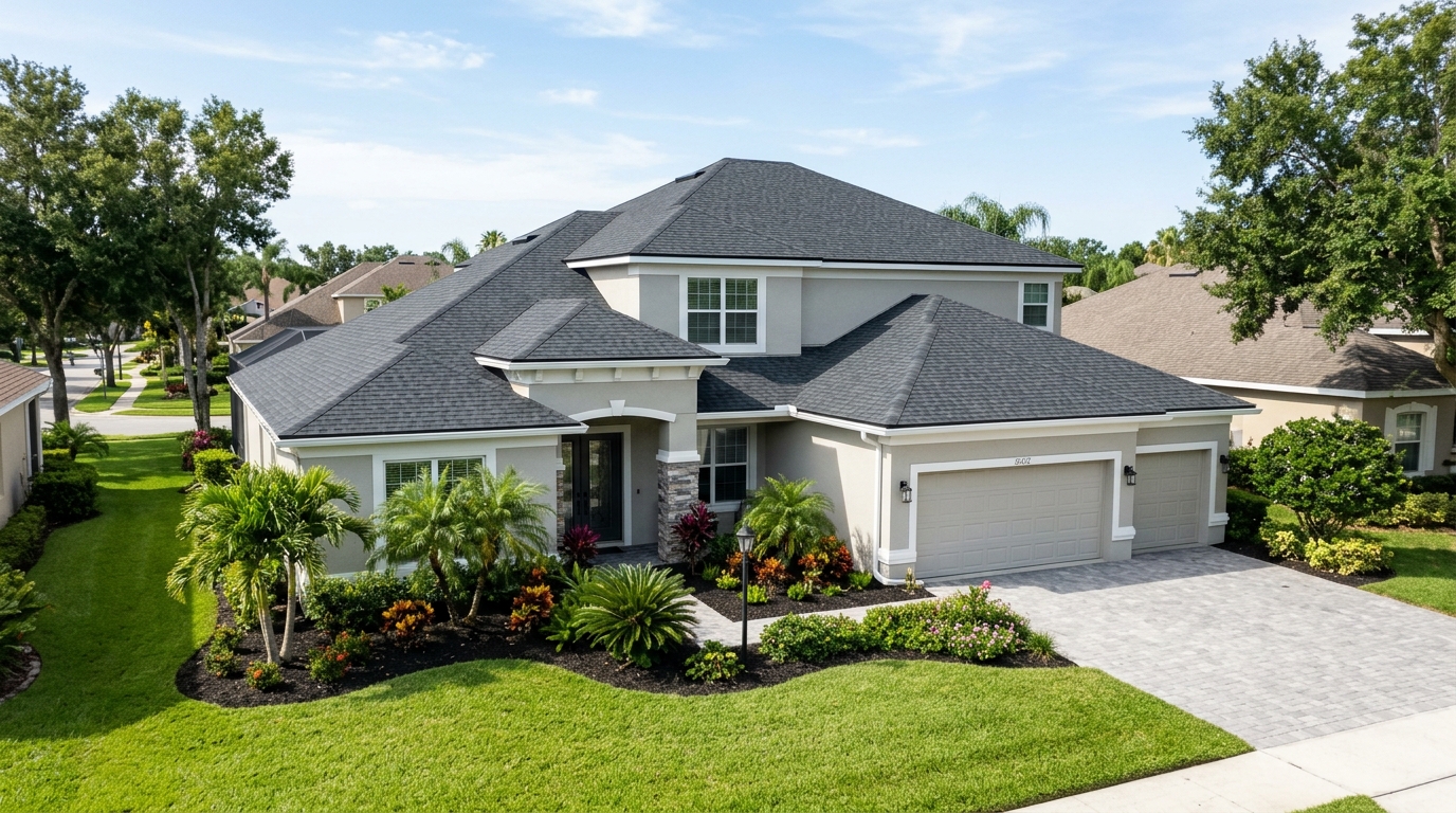 Completed architectural shingle roof replacement on Florida home in Westchase Odessa
