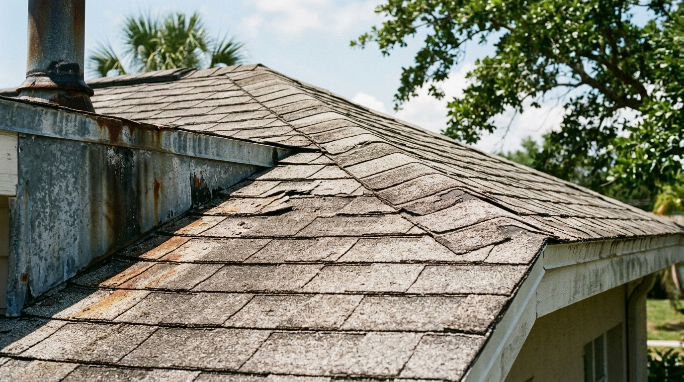 Aged Florida residential roof showing granule loss, curled shingles, and exposed underlayment