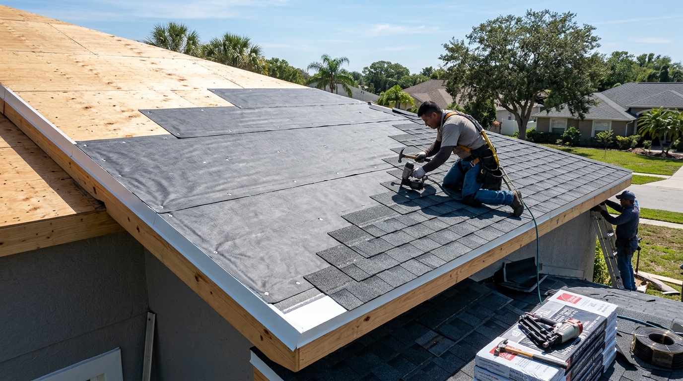 Professional roofing replacement crew installing multi-layer roof system in Tampa, FL