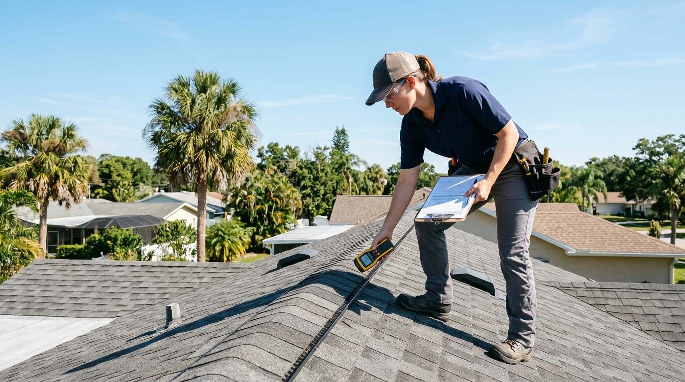 Certified Florida roof inspector holding digital moisture meter assessing residential roof in Tampa