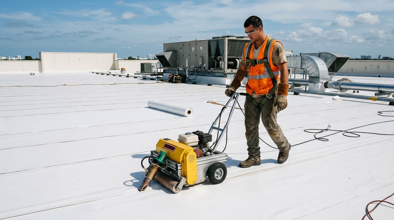 Commercial roofer using robotic hot-air seam welder fusing TPO membrane laps in Tampa