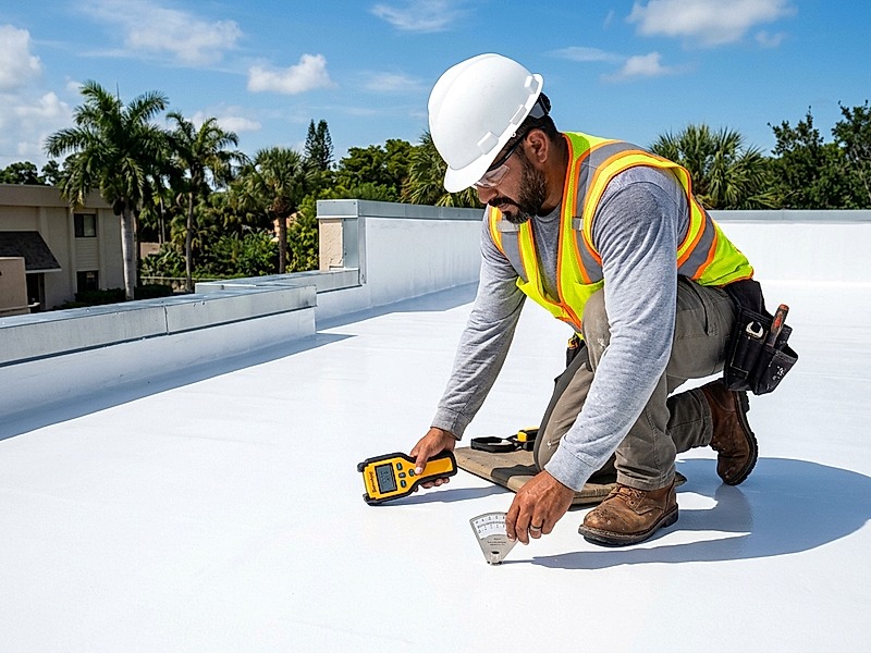 Commercial roofing contractor performing non-destructive moisture test on flat roof in Tampa