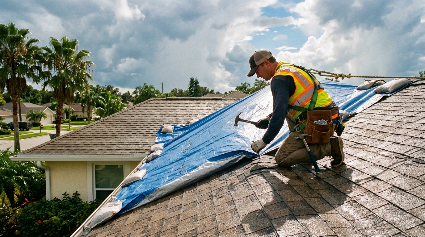 Roof Works emergency technician securing weather-tight roof stabilization in Tampa