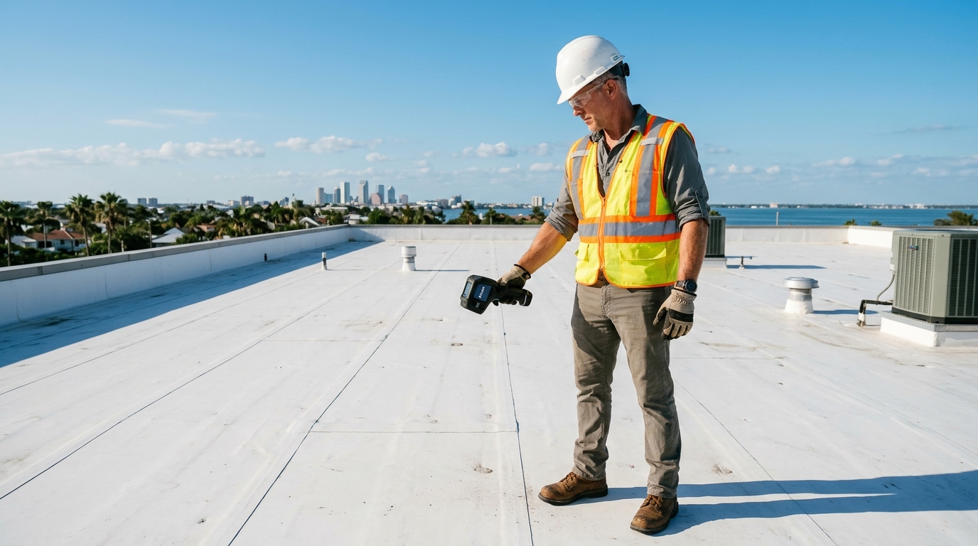 Licensed commercial roofing supervisor inspecting EPDM rubber flat roof in Tampa