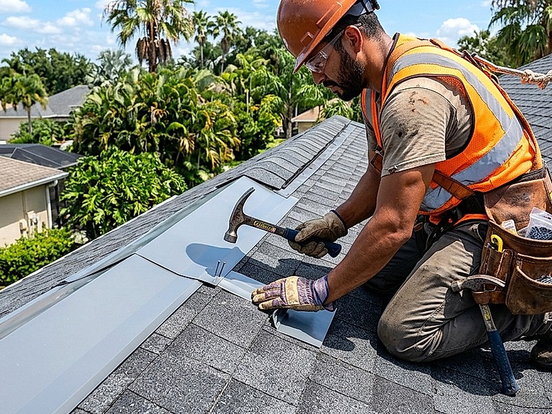Craftsman hand bending custom sheet metal roof flashing on Tampa jobsite