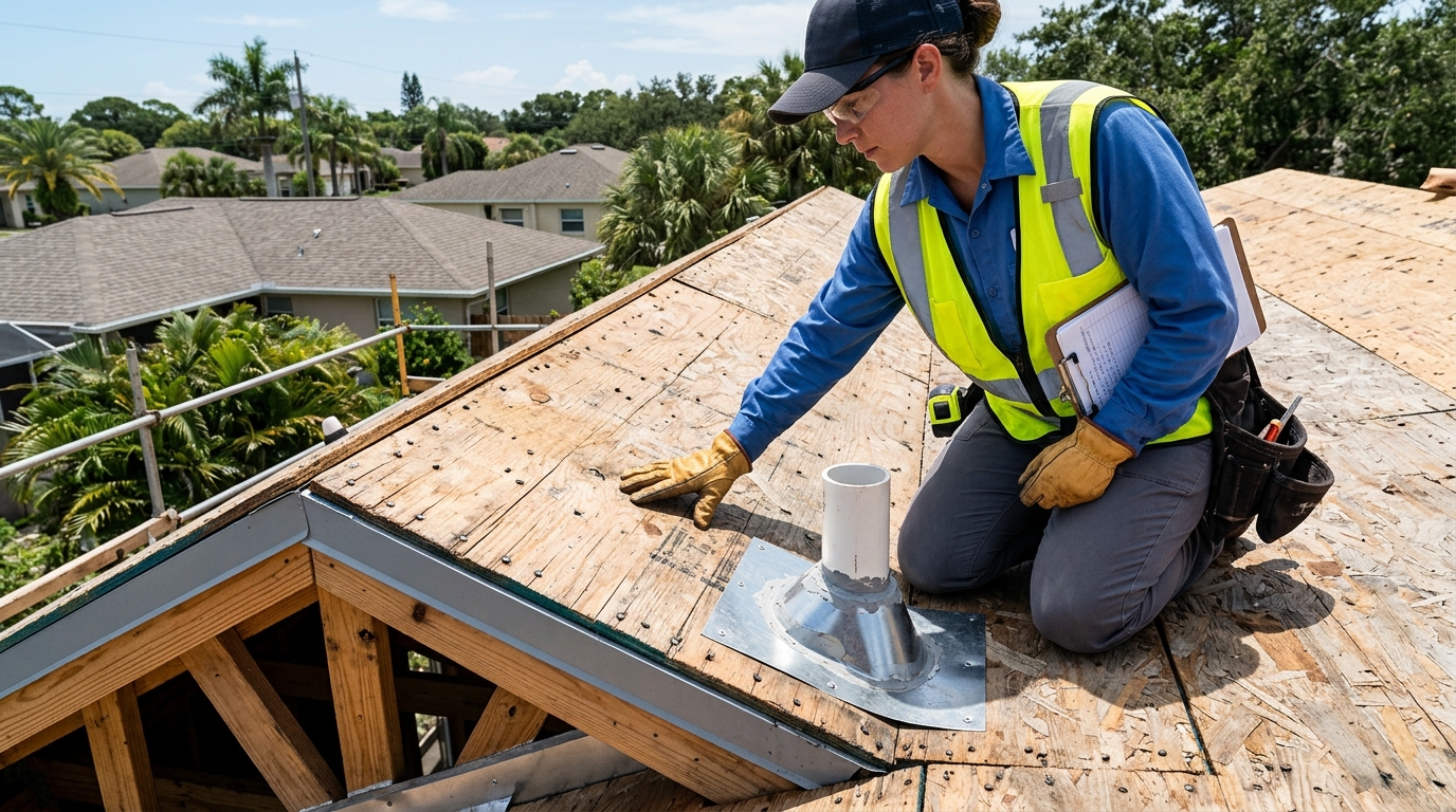 Licensed Florida roofing specialist conducting structural roof inspection on wood rafters in Tampa