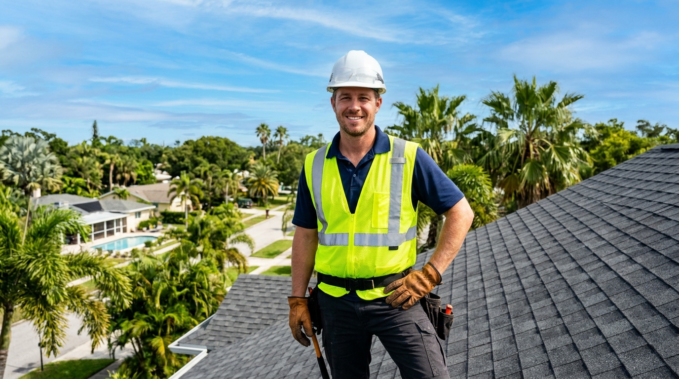 Licensed Roof Works contractor standing proudly on a residential roof in Tampa Bay