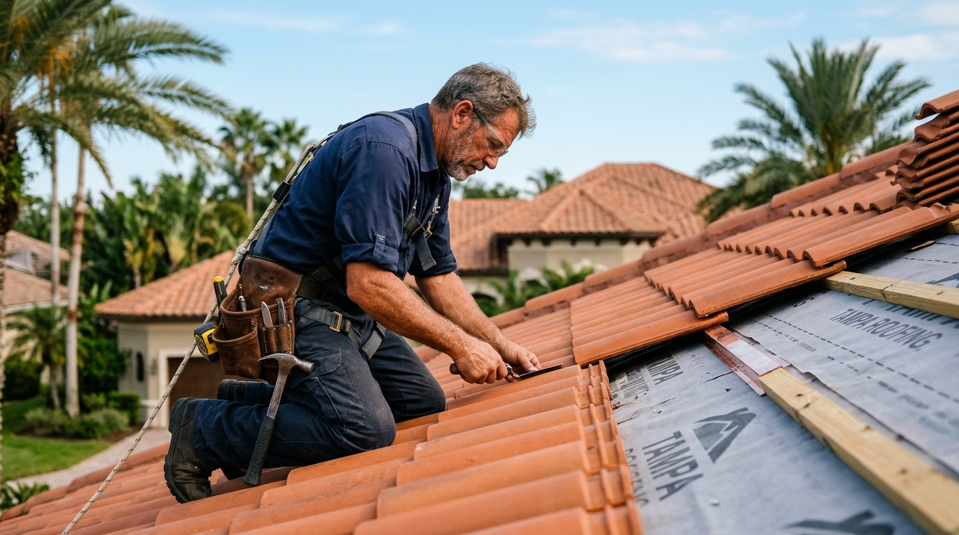 Experienced master roofer inspecting precision roof maintenance on a residential Florida home