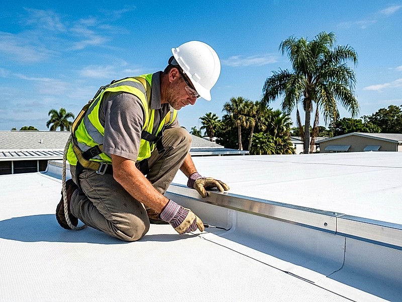 Licensed commercial roofing technician inspecting TPO roof over on Tampa manufactured home