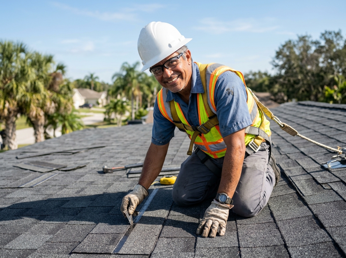 Licensed Florida roofing supervisor inspecting architectural shingle roof