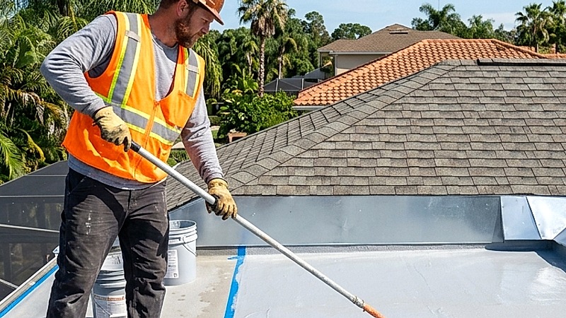 Detail of fluid applied rubber waterproofing membrane at patio roof transition