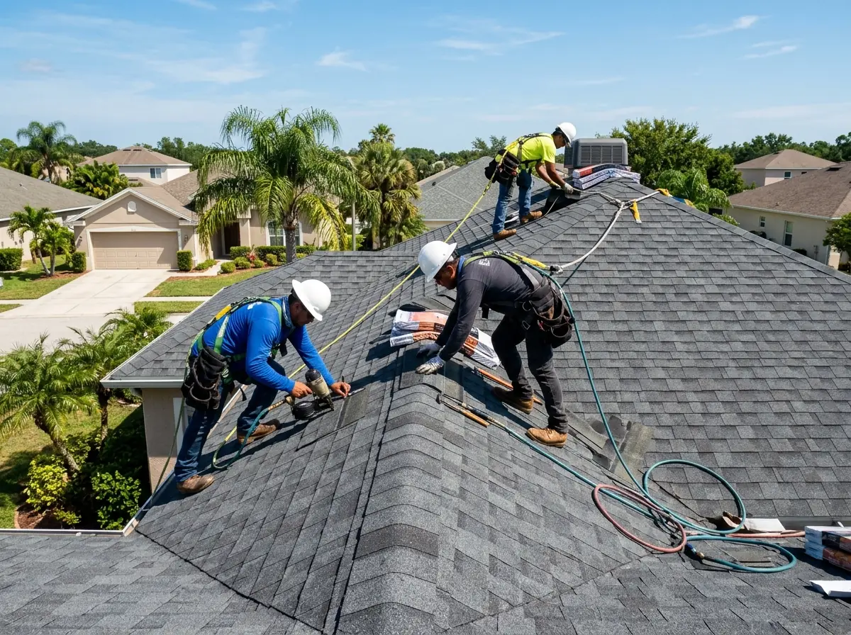Roofing technicians working on a Florida residential street